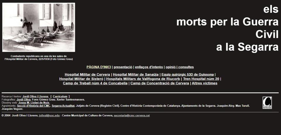 Caràtula del web “els morts per la Guerra Civil a la Segarra” (2004), creada per Josep M. Llobet de Nuix, precedent del treball que presentem