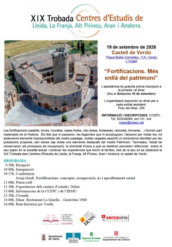 Programa de  la XIX Trobada regional de centres d’estudis celebrada a Verdú el 19 de setembre de 2026 - Verdú